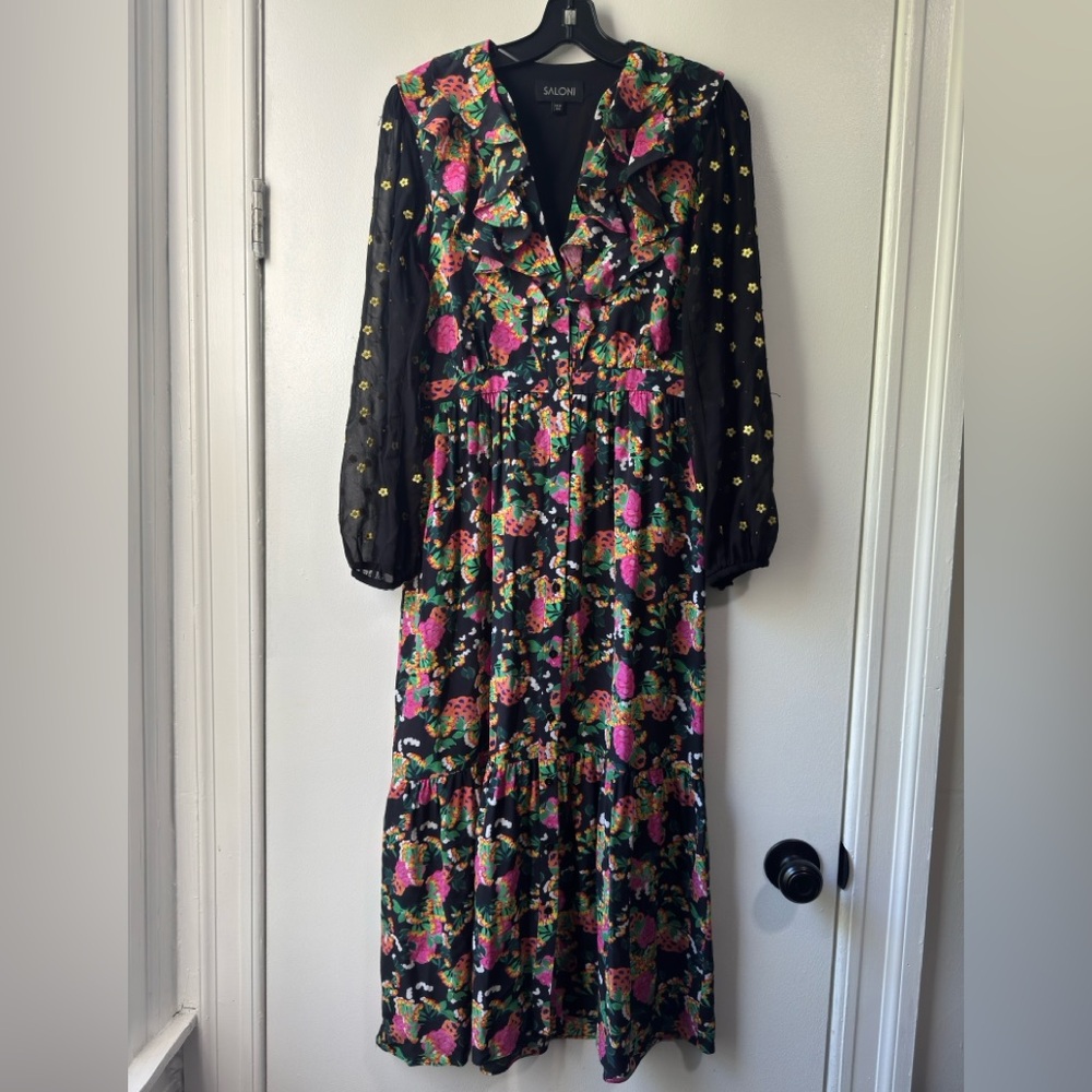 SALONI Black Floral Long Sleeve Ruffle Maxi Dress